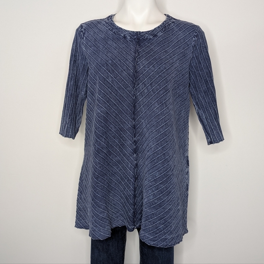 Focus Casual Life Blue Faux Denim Abstract Button Accent 1/2 Sleeve Top S